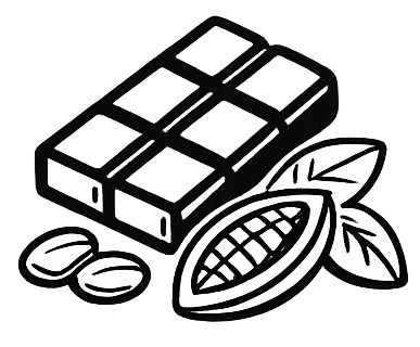 Black and white illustrations of cocoa beans, honey, and chocolate bars on a white background